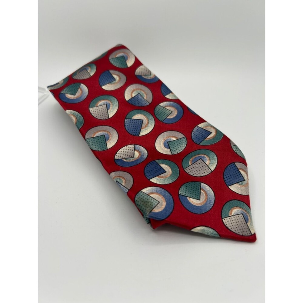 Dior Red Silk Tie with Multicolor Geometric Medallions
